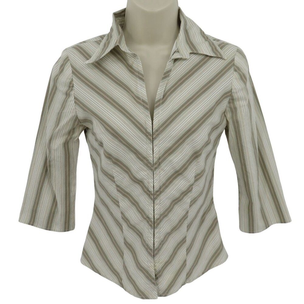 Y2K Heart Moon Star Junior Small Beige Chevron Stripe Collared Shirt Top Blouse